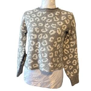 Pink Rose Leopard Print Knit Sweater XS Gray Cropped